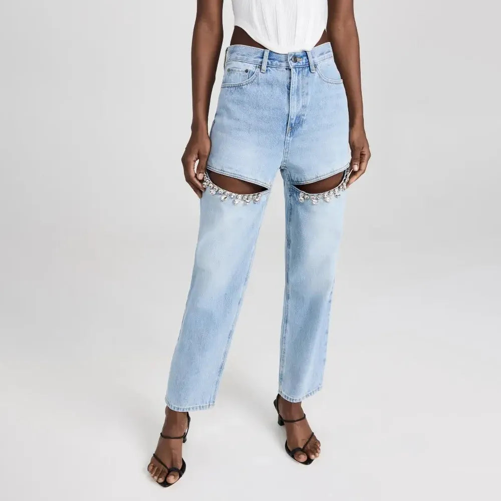 BPN Casual Spliced Diamond Jeans For Women High Waist Hollow Out Solid Loose Wide Leg Denim Pants Female spring Clothing Style blue