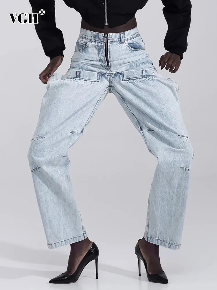 Irregular Hollow Out Spliced Button Jeans For Women High Waist Patchwork Zipper Streetwear Denim Long Trousers Female Style