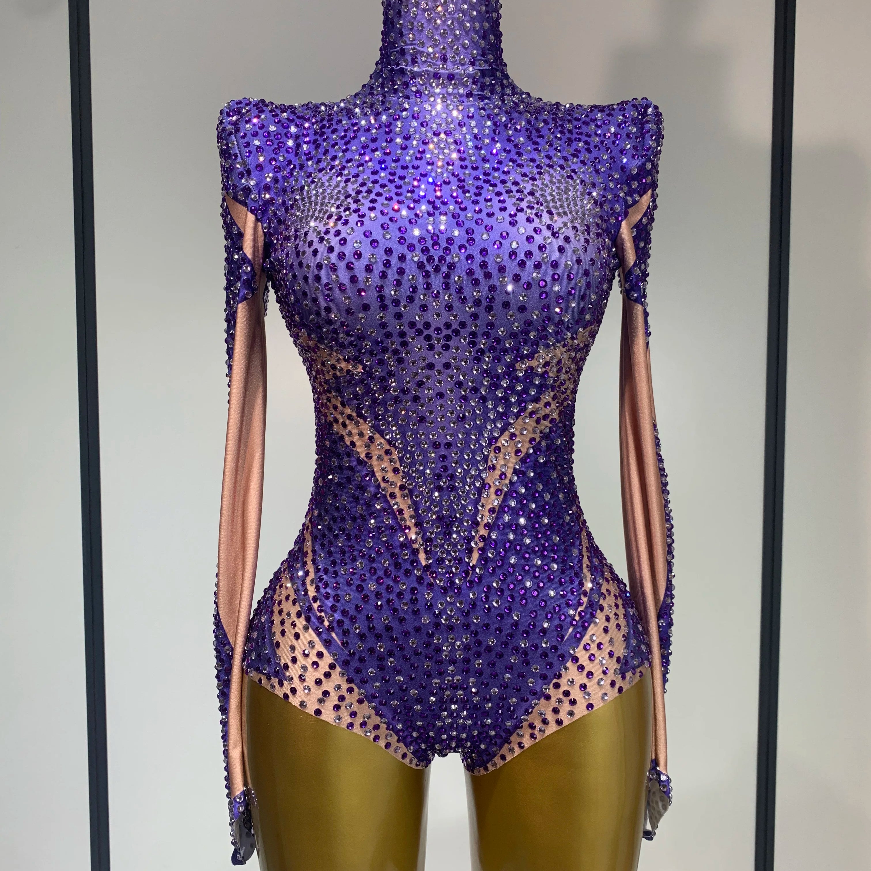 High Quality Luxury Rhinestone Elastic Long Sleeved Bodysuit 2025 Club Singer Dancer Stage Performa Costume Evening Party Outfit