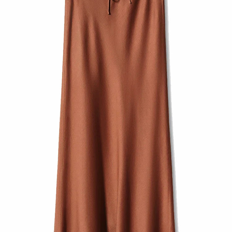 Streamgirl A Line Long Satin Skirts For Women Black Elegant High Waist Maxi Beige Skirts Silk Lace Up Long Skirt Women Brown