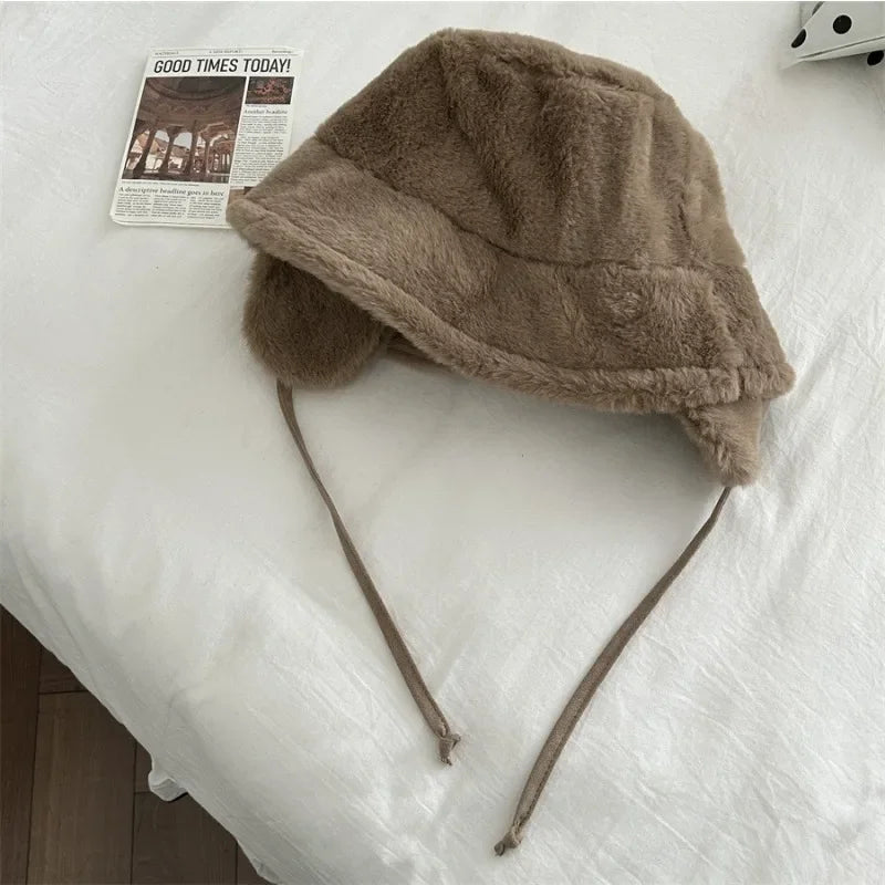 Korean New Ear Protection Bucket Hats for Women Autumn and Winter Travel Versatile Warm Retro Solid Color Plush Men's Caps camel 56-58cm