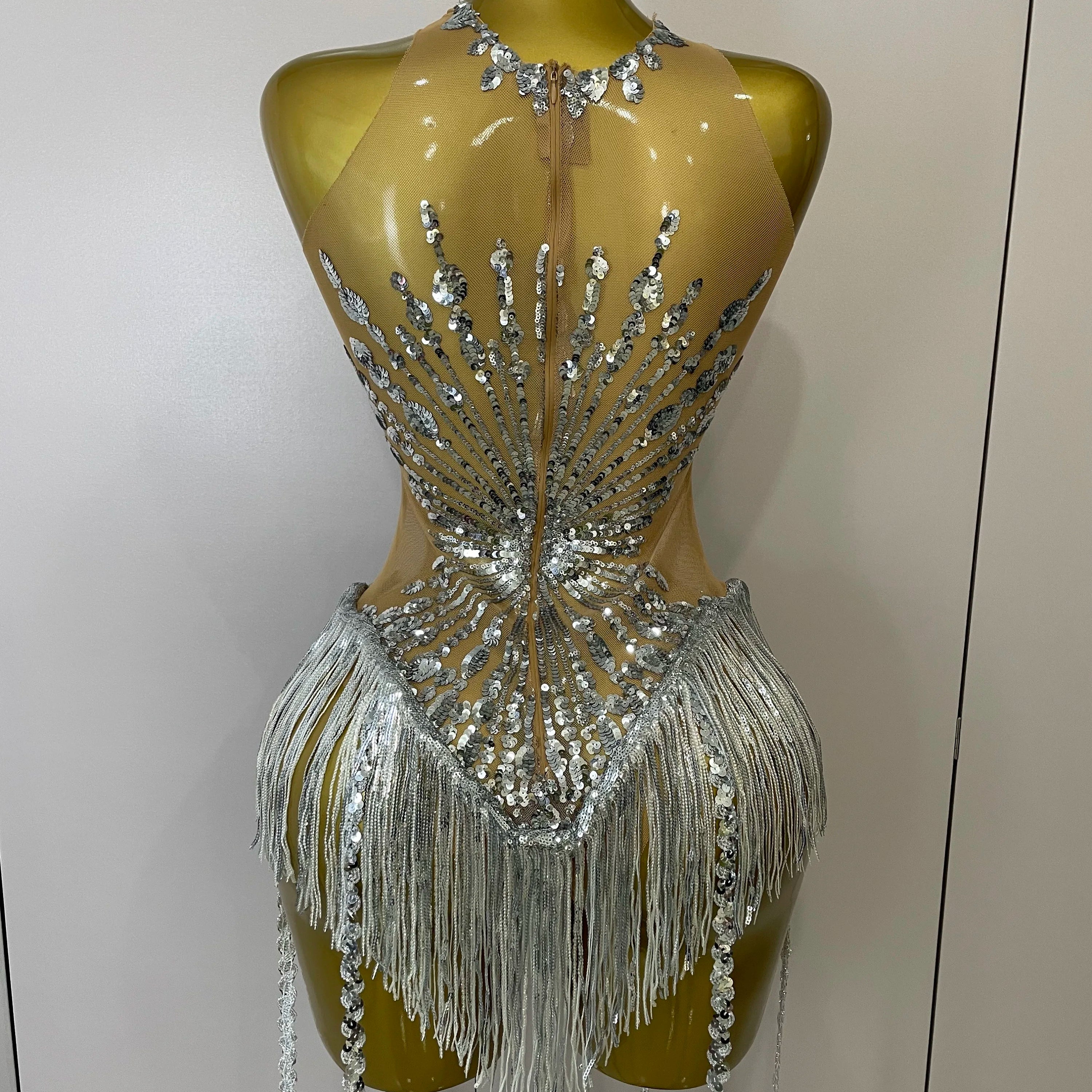 STOCK Sliver Sequins Shining Diamonds Sexy Mesh Long Tassel Bodysuit Women Nightclub Party Birthday Stage Performance Costume