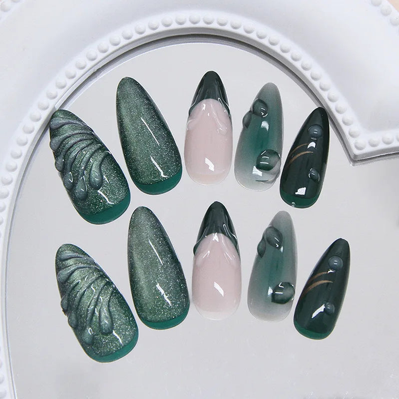 24pcs French Almond Press on Nails Retro Green Cat Eye Fake Nail Tips Detachable Wearable Sweet Cool Spice Girl False Nails