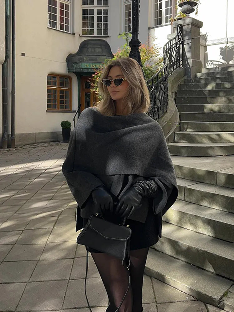 New Fashion Scarf Collar Woolen Jackets For Women Elegant Long Sleeved Side Split Casual Coats Female Chic Autumn Overcoats