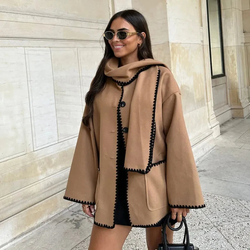 TRAFZA 2023 Autumn Fashion Woman Black Crochet Scarf Coat O Neck Long Sleeve Button Straight Casual Vintage Female Cozy Coats dark khaki