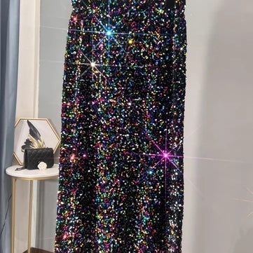 French High-waisted Slim Skirt High-quality Shiny All-match Mid-length Thickened Hip Skirt Split Black Sequin Skirt Women colorful