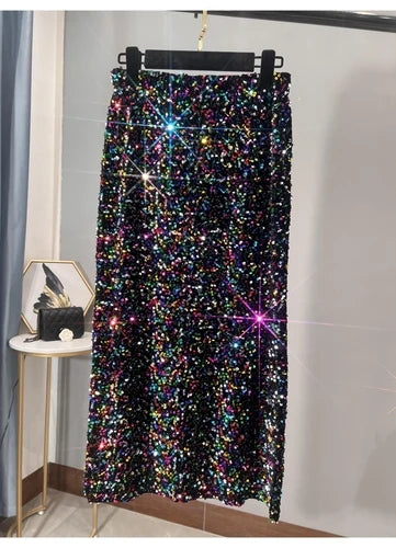 French High-waisted Slim Skirt High-quality Shiny All-match Mid-length Thickened Hip Skirt Split Black Sequin Skirt Women colorful