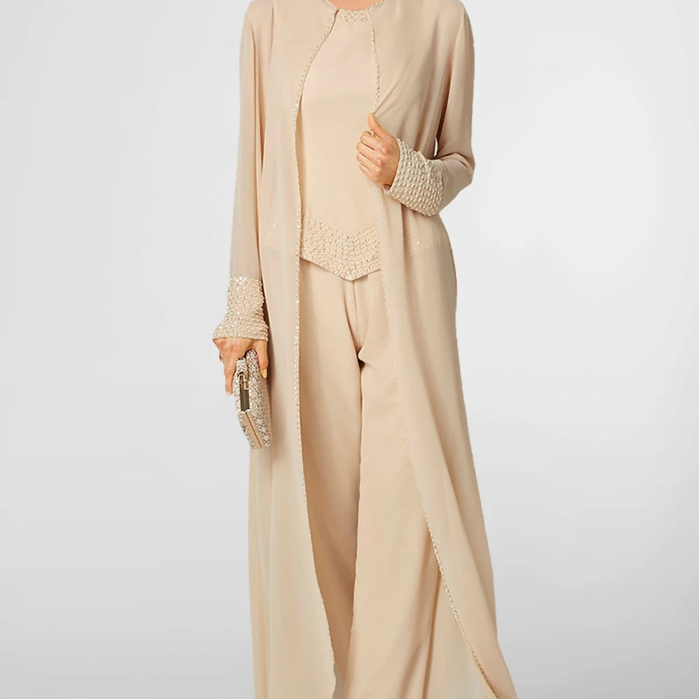 Flycurvy Plus Size Mother Of The Bride Apricot Sequin Embellishment Chiffon Wide Leg Three Piece Pant Suit