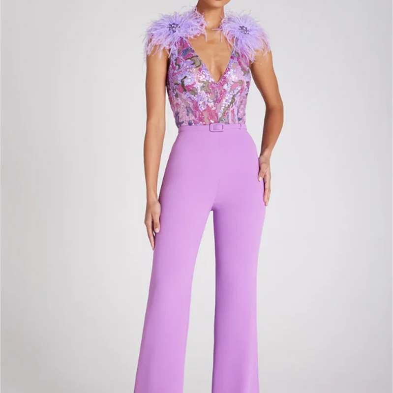 High Quality Gorgeous Feathers Shining Sequins Sexy V-Neck Sleeveless Violet Jumpsuit Graceful Woman Evening Party Outfit