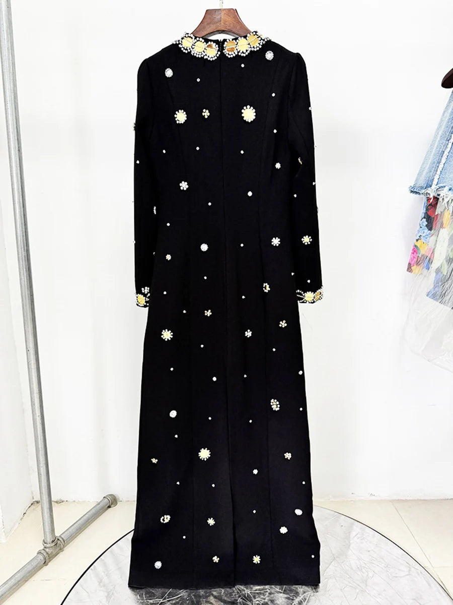 TWOTWINSTYLE Hit Color Spliced Bead Luxurious Dresses for Women Round Neck Long Sleeve Patchwork Wave Point Elegant Dress Female