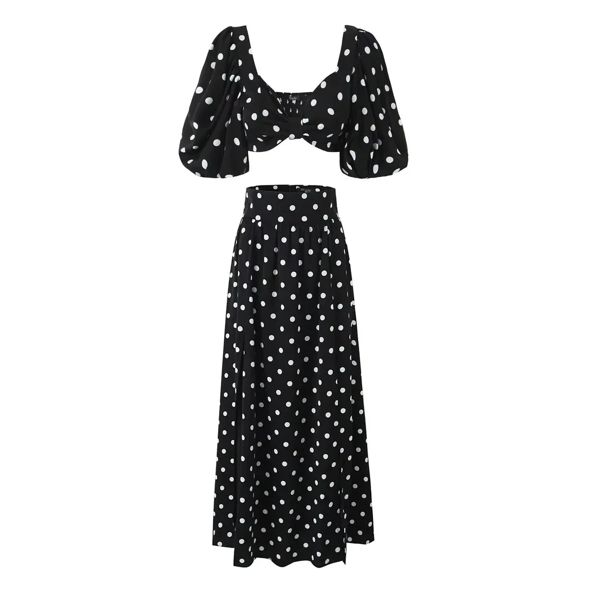 Foridol Vintage Polka Dots Printed 2 Pcs Set Women Summer Matching Set Maxi Skirt Beach Dress Set New Outfits Holiday Robe black