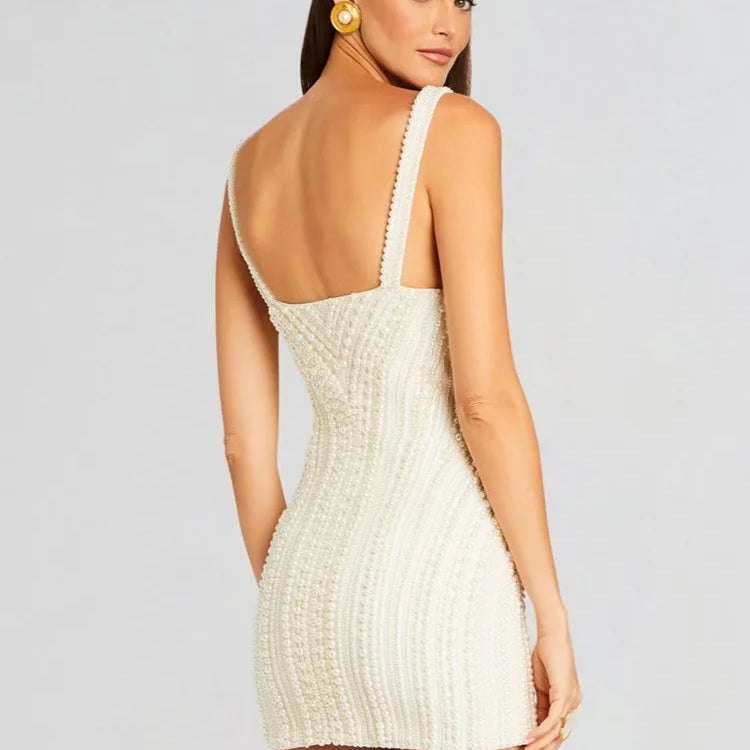 Women Sleeveless Sexy Strap Pearl Beading Bodycon Mini Dress Cute Girls' Birthday Party Celebrate Dress Wholesale