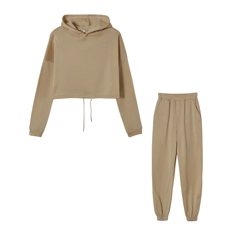Fashion Trend Women's Wear, Long-sleeved Sports Casual Suit Waist Two-piece Set Coffee