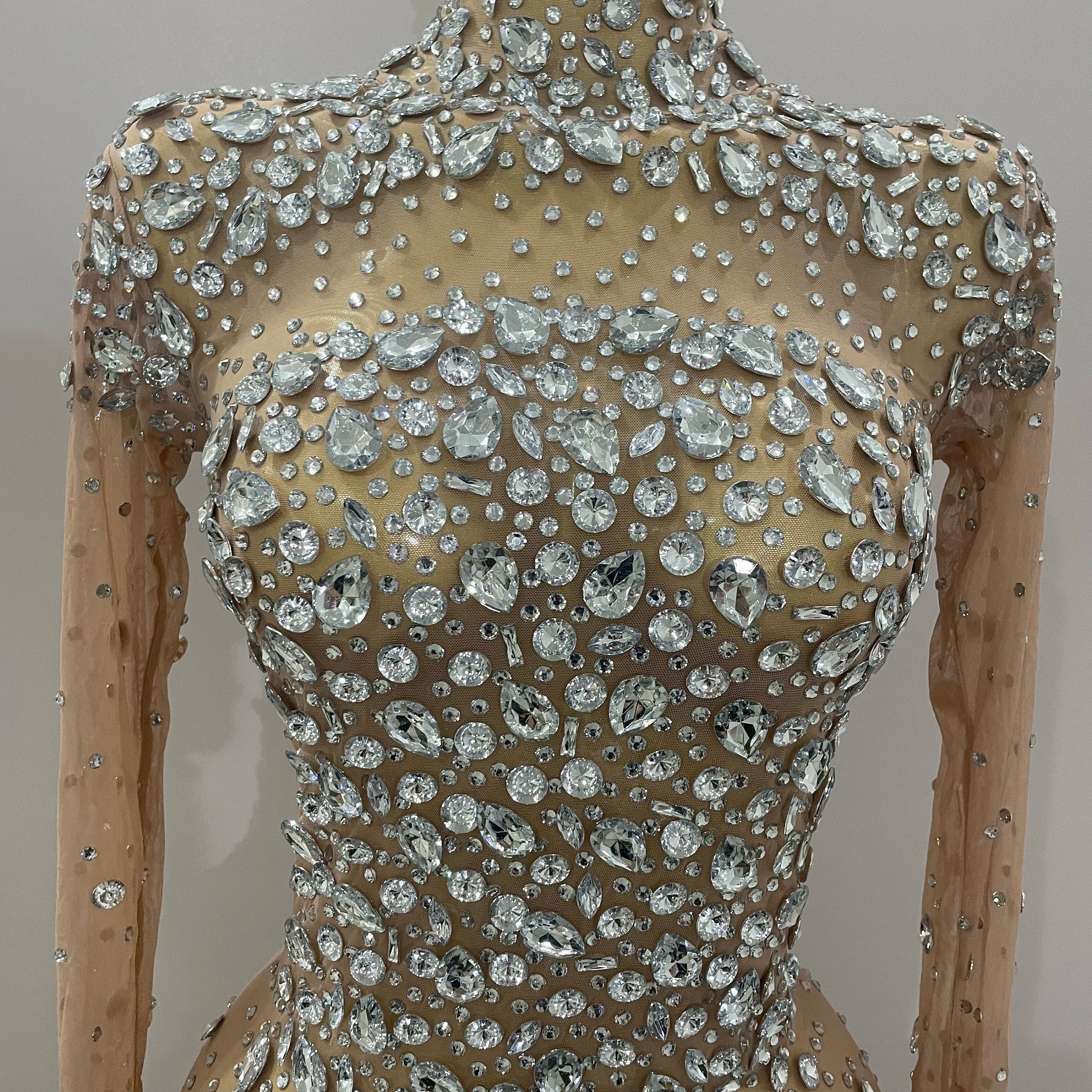 Sparkly Silver Big Rhinestone Sexy Transparent Long Dress 2025 Women Evening Birthday Party Celebrate Club Dancer Stage Costume