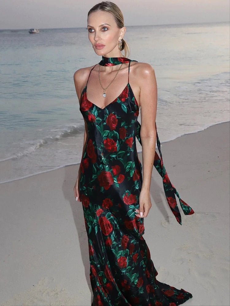 Halter Backless Print Sexy Maxi Dress For Women Gown Elegant Sleeveless High Waist Evening Club Party Long Dress