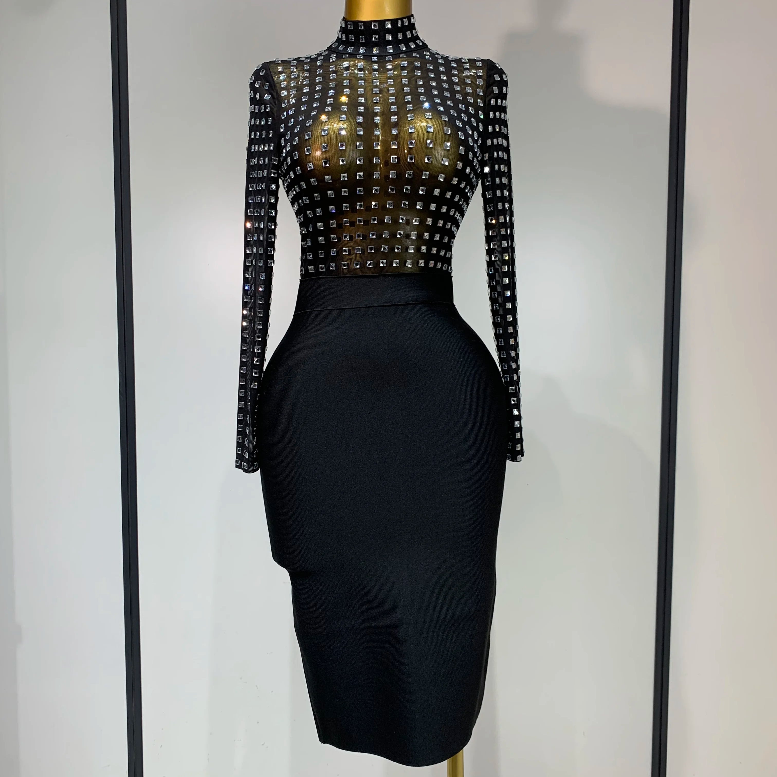 Vestido bandage bodycon de malha preta, gola alta sexy, strass, celebridade, feminino, 2025, elegante, clube noturno, vestido de aniversário de luxo