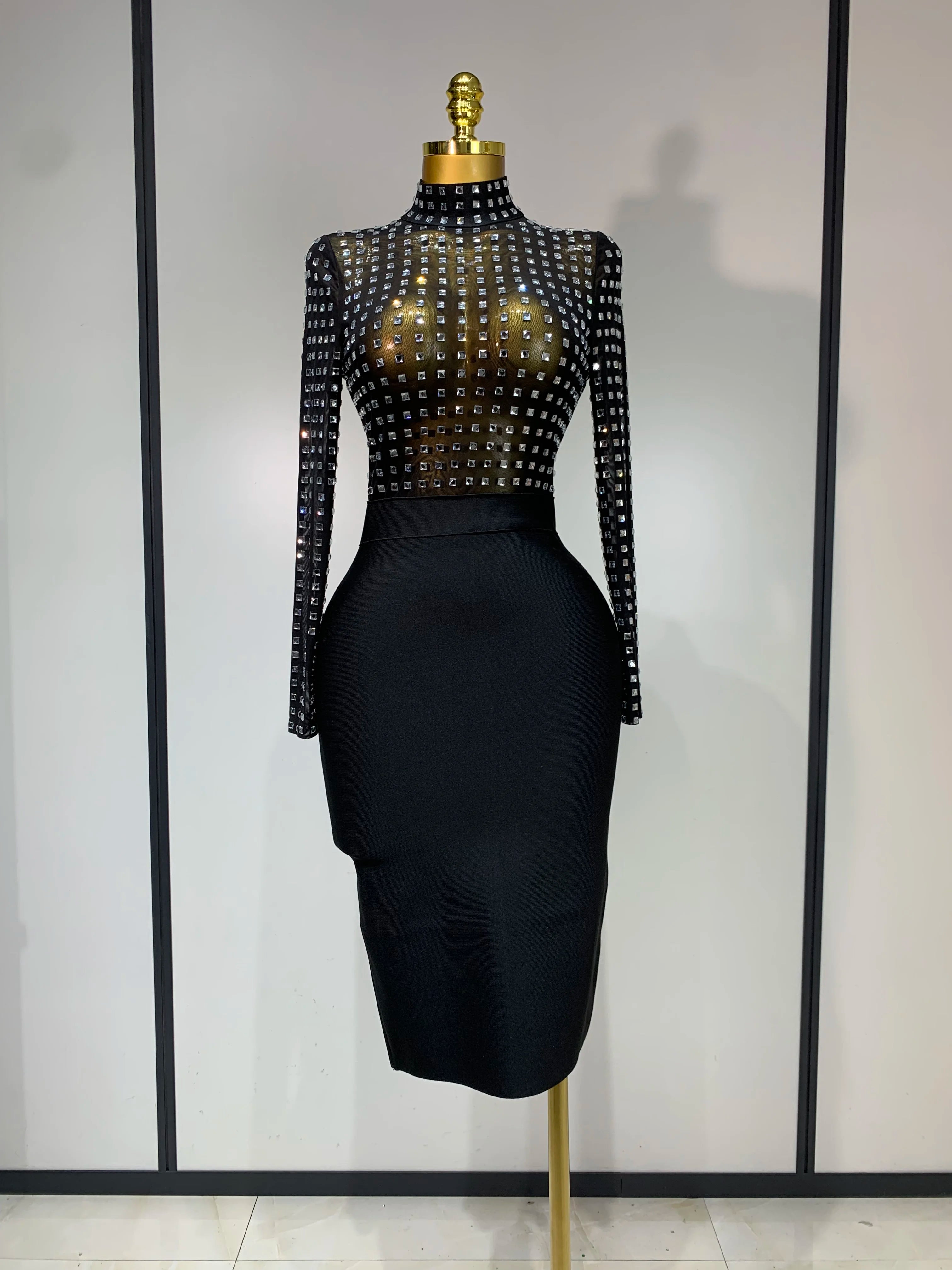Vestido bandage bodycon de malha preta, gola alta sexy, strass, celebridade, feminino, 2025, elegante, clube noturno, vestido de aniversário de luxo