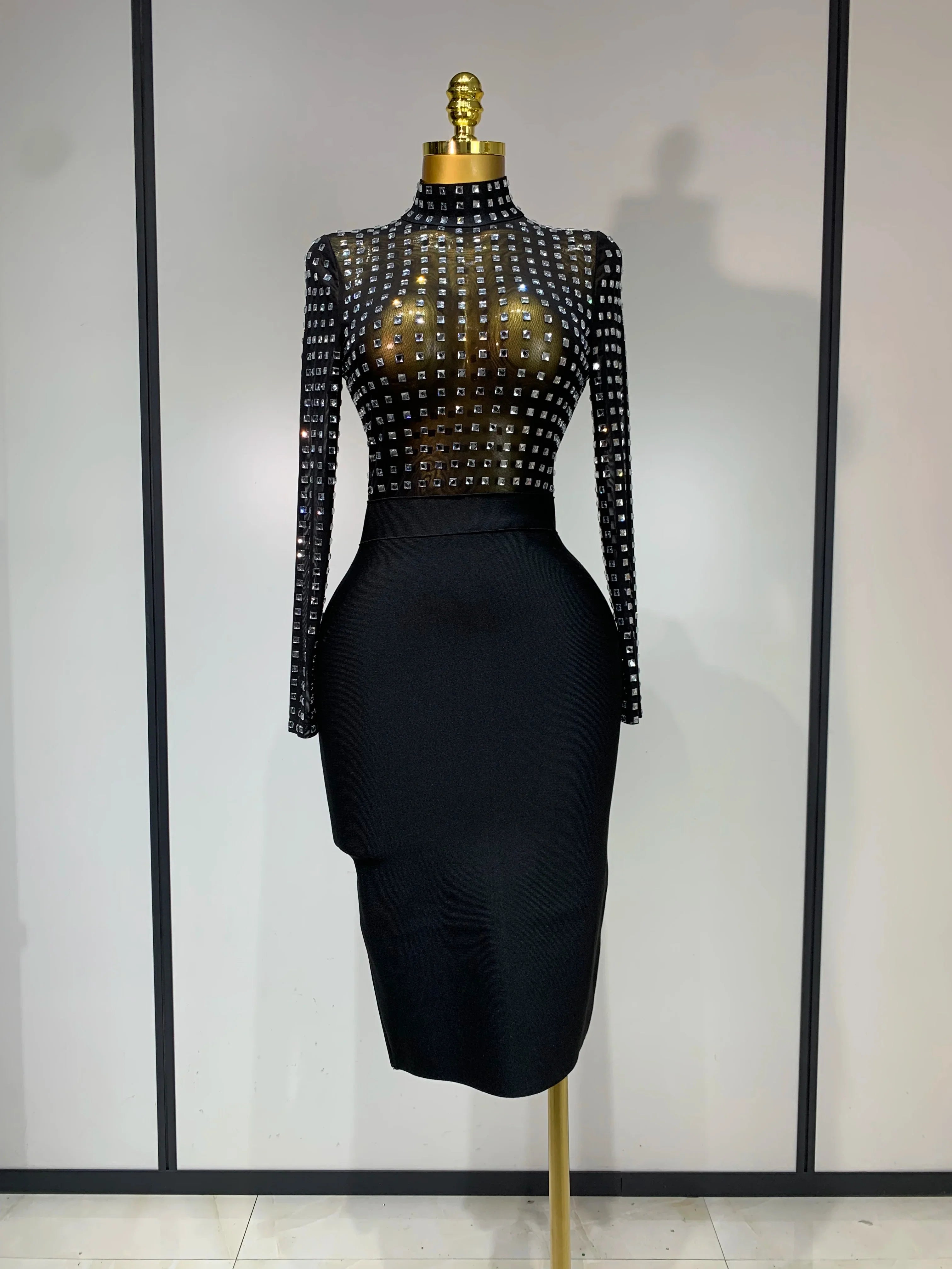 Celebrity Sexy Turtleneck Rhinestones Black Mesh Bodycon Bandage Dress Women Elegant Evening Club Luxury Birthday Dress