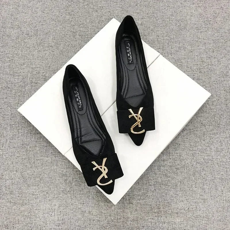 New Korean Version of Metal Buckle Design Suede Shallow Mouth Pointed Flat/Thick/low Heels Bottom Black Luxury Shoes Women