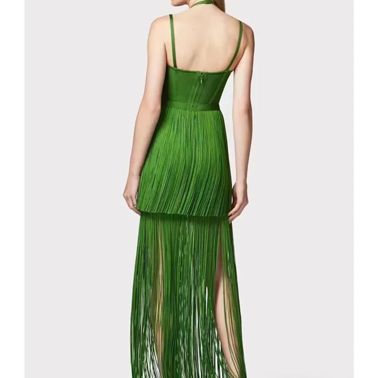 Vestido bandage bodycon feminino luxuoso, sexy, com borlas, costas nuas, verde, comprimento até o tornozelo, elegante, roupa para festa noturna