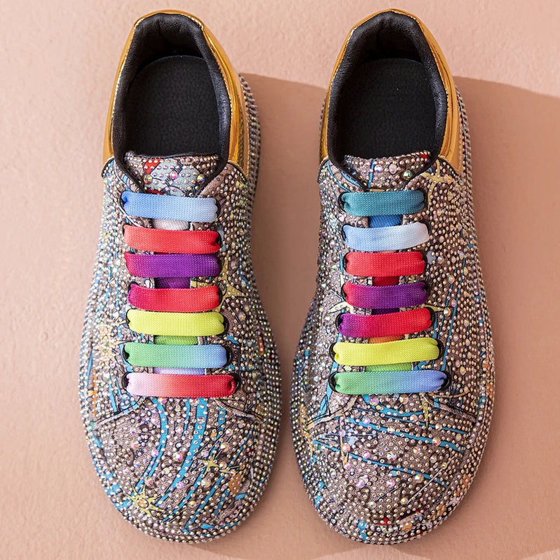 Sneakers Women's Big Size New Color Rhinestone Fashion Women Loafers Platform Fashion Shiny Women's Shoes Graffiti Rhinestone