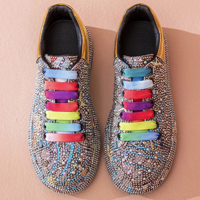 Sneakers Women's Big Size New Color Rhinestone Fashion Women Loafers Platform Fashion Shiny Women's Shoes Graffiti Rhinestone
