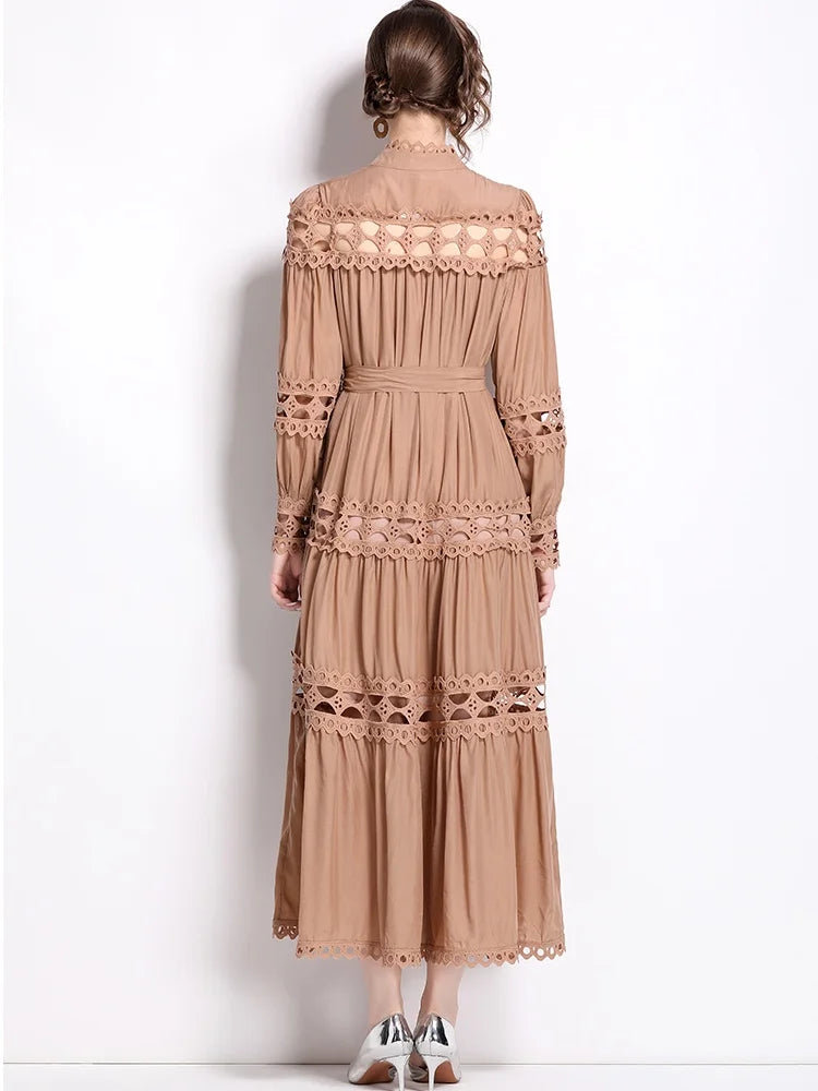 Spring Autumn Stand Collar Lace Hollowed Out Single Breasted Dress Women's Vintage Elegant Full Sleeve Rnnway Long Dress