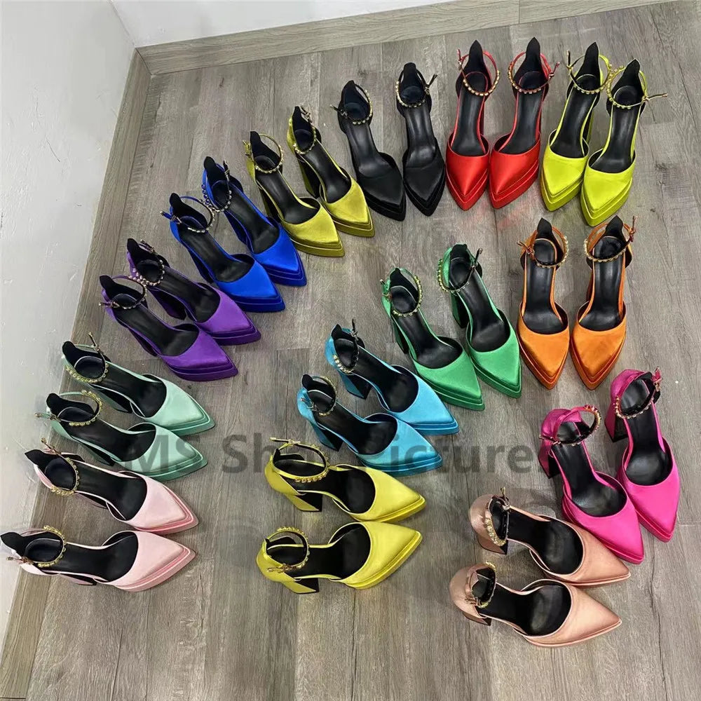 Luxury Women High Heel Shoes Platform Sandals Pointed Toe Woman Silk Pumps Sexy Rhinestone Buckle Chunky Heel Wedding Shoes
