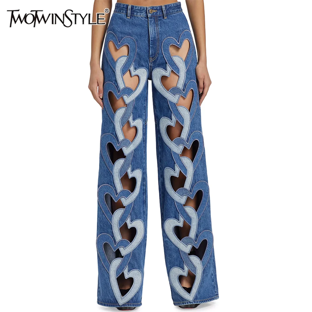 TWOTWINSTYLE Streetwear Patchwork Button Denim Pants For Women High Waist Loose Hollow Out Designer Jeans Female Fashion Style