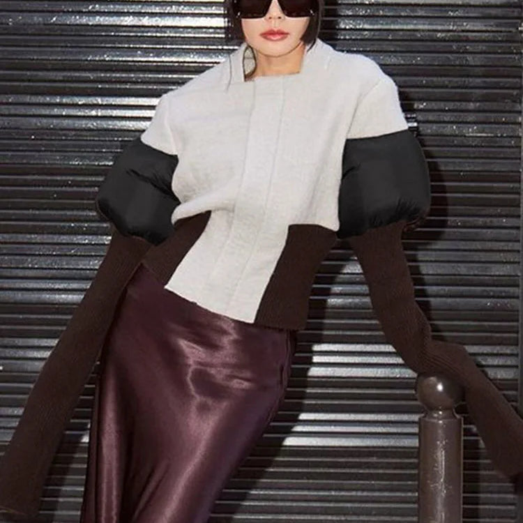 DEAT Fashion Women's Color Block Jackets Long Sleeve Zipper Collarless Slim Short Patchwork Short Coat Spring New 7AB3106