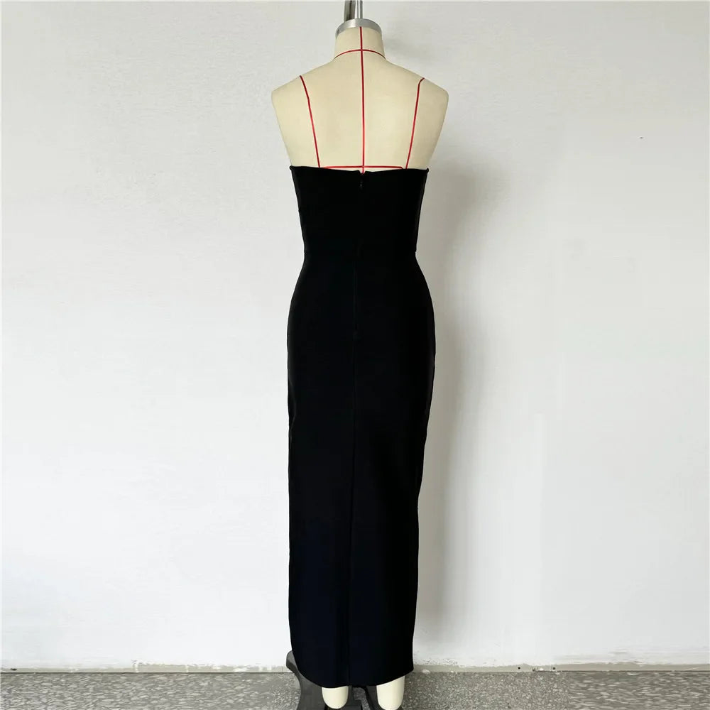 Women Sexy Strapless Shinning Crystal Bodycon Bandage Long Dress Celebrate Evening Party Red Carpet Outfit Vestido