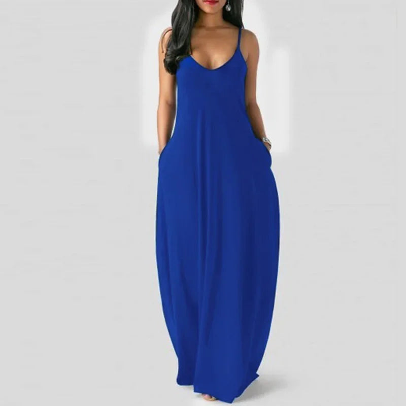 European and American Women's Cross border Summer New Product Solid Color Sexy Deep V Sling Dress Blue