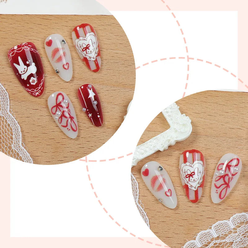 24pcs Bow Cartoon Rabbit Press on Nails Almond French Fake Nails Full Cover Wearable False Nails