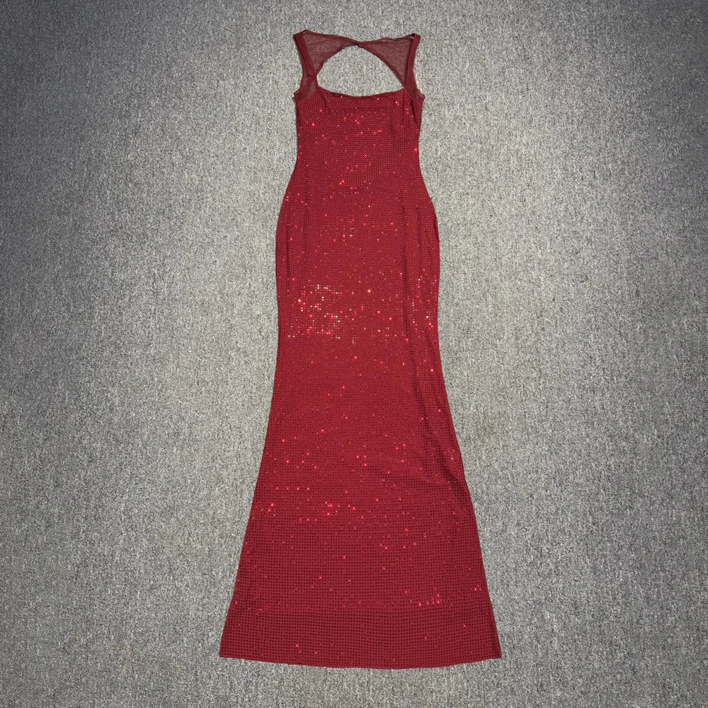 VC Multi Colours Shiny Rhinestones Mesh Patchwork Long Dress For Women Backless Slim Bodycon Evening Party Cocktail Gowns