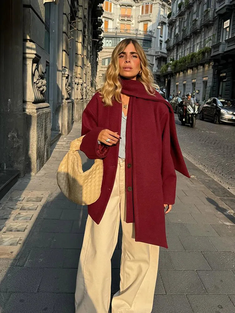 New Fashion Burgundy Red Woolen Suit Jacket With Scarf Collar Women Chic Oversized Flip Pockets Solid Coats Lady Streetwear Burgundy red