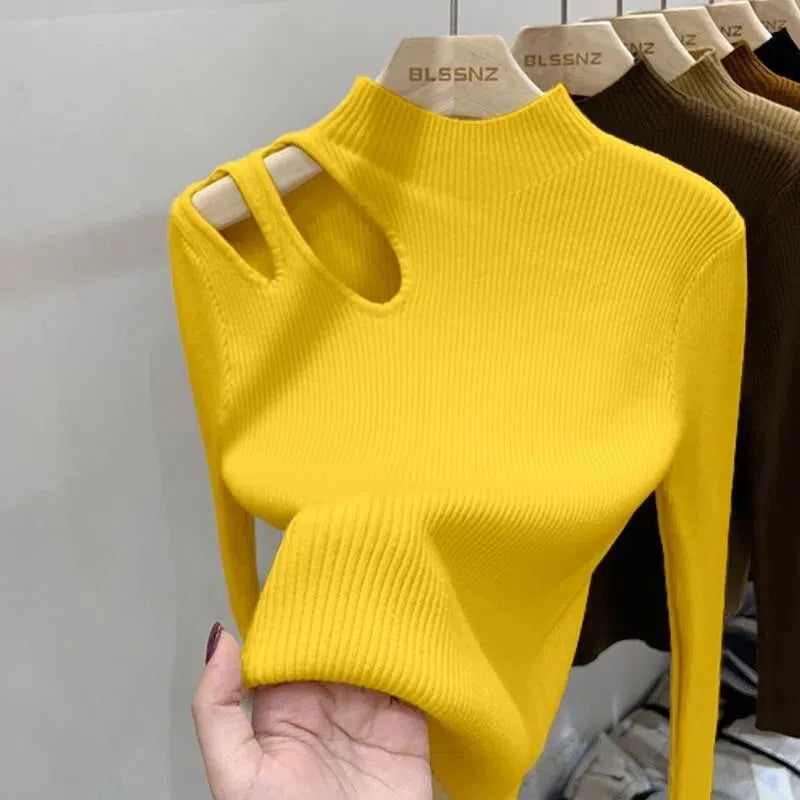 Turtleneck Knitted Women Sweater Ribbed Pullovers Autumn Winter Basic Women Sweaters Fit Soft Warm Tops Yellow One Size