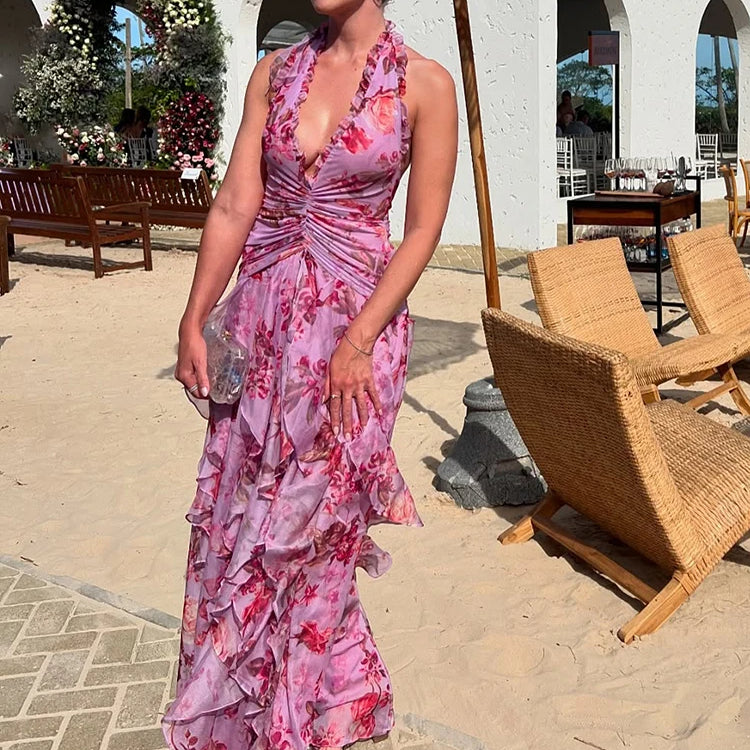VC Elegant Pink Floral Halter-Style Ruffled Dress with Side Slit for High-Profile Outdoor Occasions Evening Gown