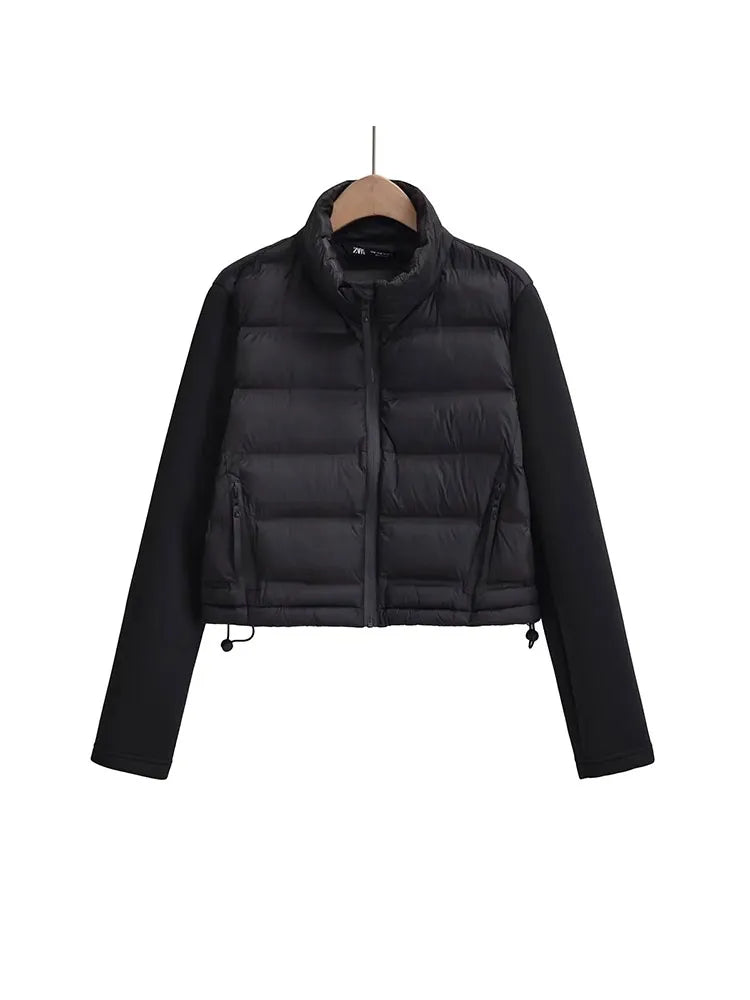 Nlzgmsj TRAF Women Fashion Side Pockets decoration Cropped Patchwork Coat Vintage Long Sleeve Zipper Outerwear Chic Tops black