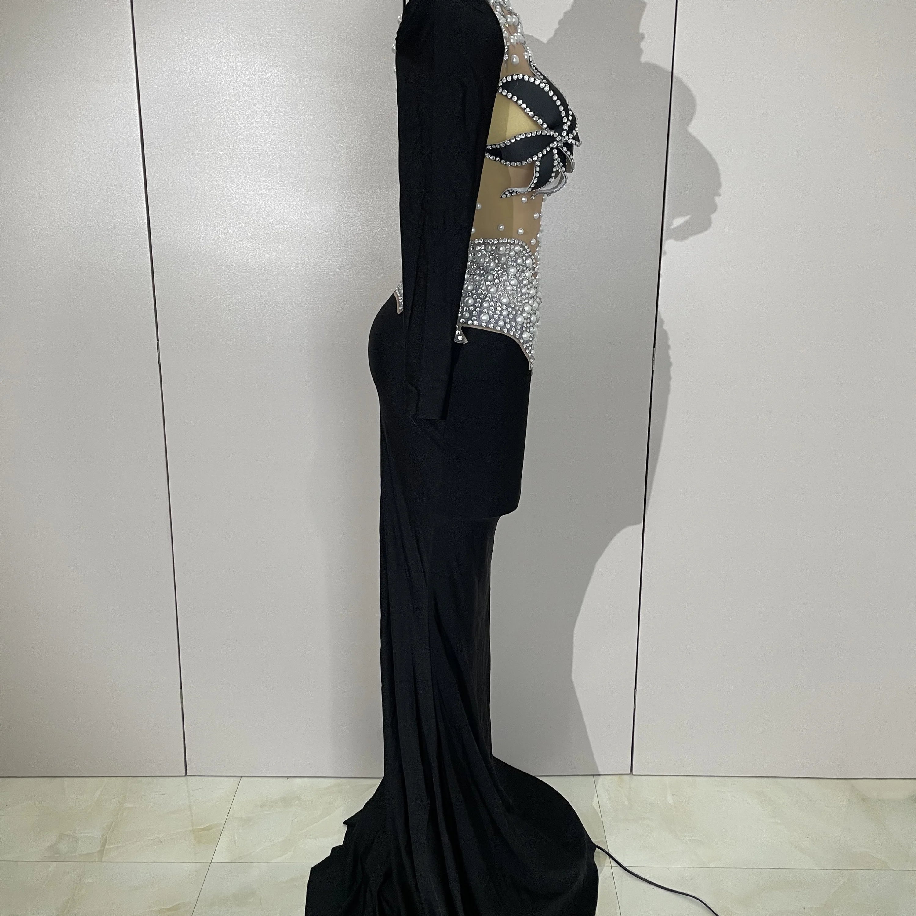 Sparkly Diamonds Pearl Black Sexy See Through Mesh Long Dress Women Wedding Evening Luxury Birthday Party Stage Photoshoot Dress