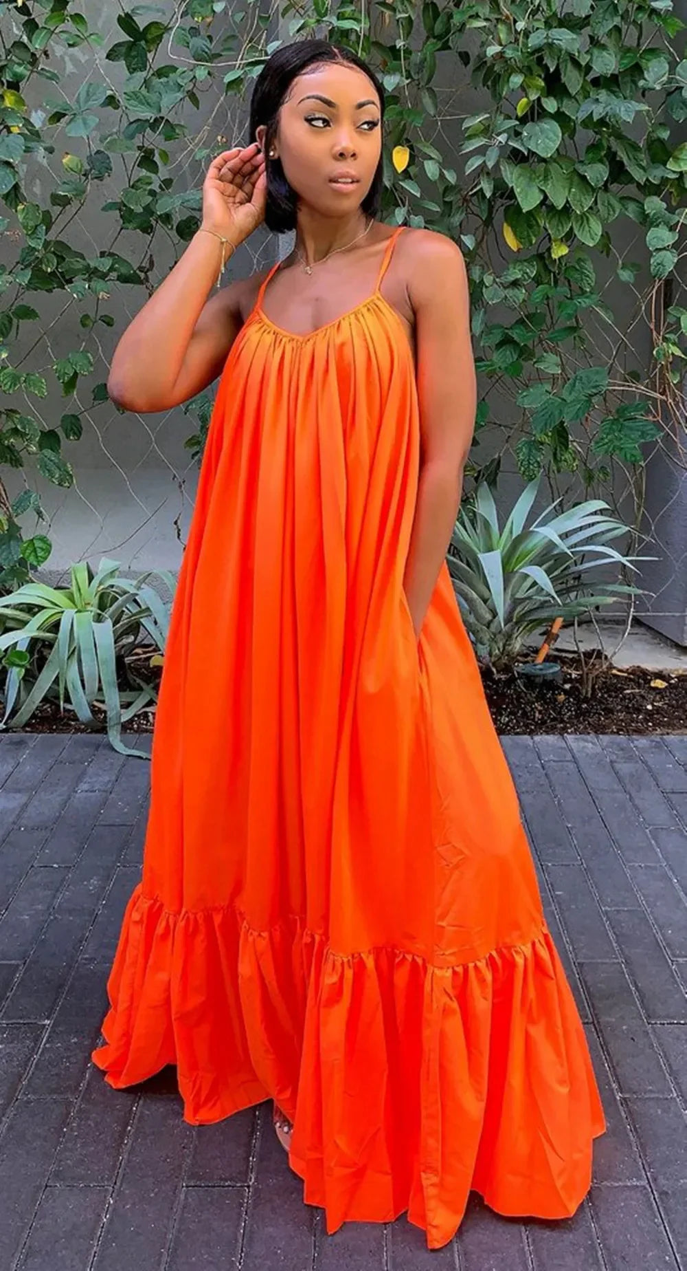 CMYAYA Women Summer Long Maxi Dress Sexy Sleeveless Strap Loose Beach Party Night Club Bandage Female S-5XL Dresses Vestido ORANGE