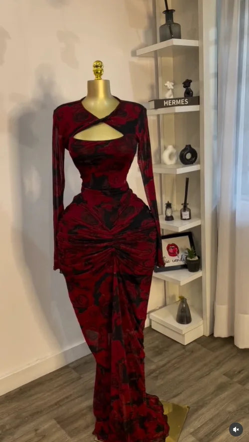 CM.YAYA Women Draped V-neck Cutout Front Ruched Stacked Bodycon Midi Long Maxi Dress 2025 Night Club Party Vestidos Sexy Dresses