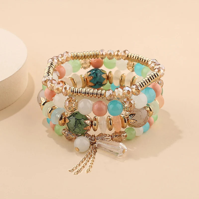 4Pcs Bohemian Women Pink Tassel Bracelet Set For Female I Love You Feather Round Charm Beads Chain Bangle Fashion Party Jewelry BR133-6