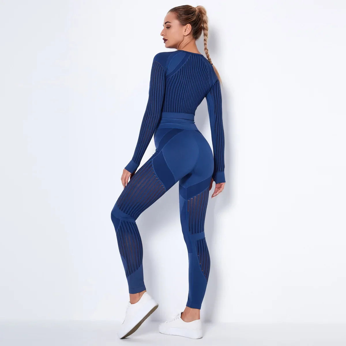 Xlwsbcr Hollow Out Seamless Yoga Set Sport Outfits Women Black Crop Top Bra Leggings Workout Gym Suit Fitness Sport Sets Dark blue suit