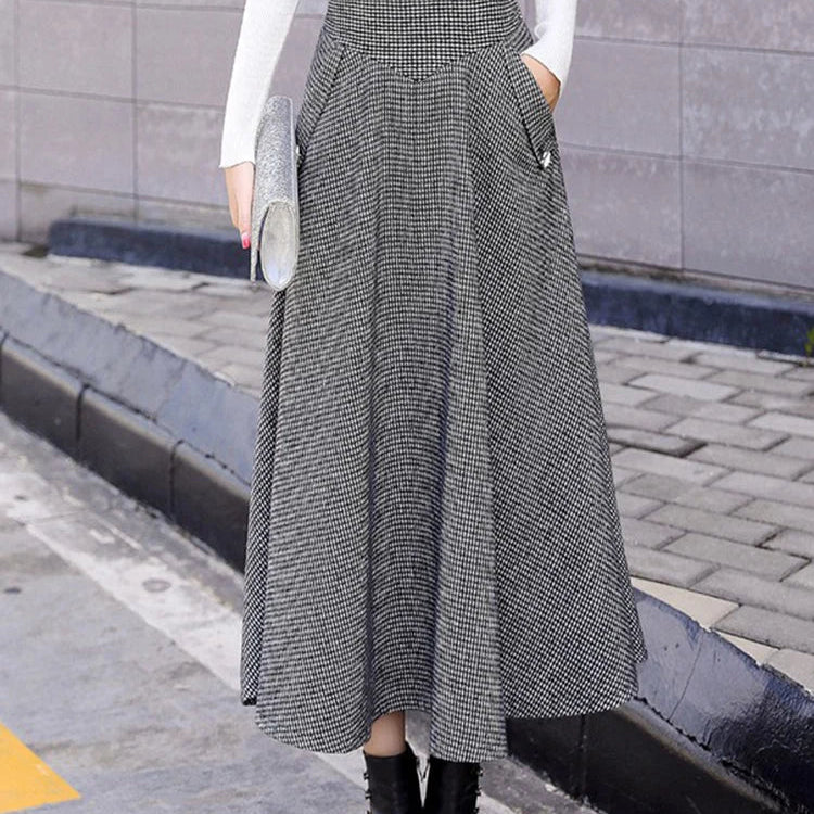 High Waist Vintage Houndstooth Plaid Warm Wool Long Skirt For Women 2023 Elegant Casual Big Swing A-Line Saias Longas Female blacckwhite