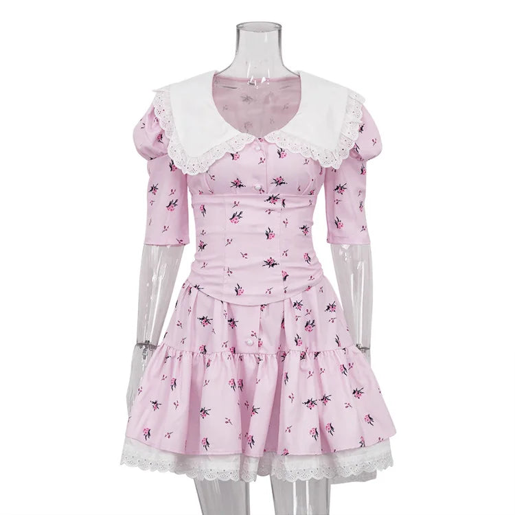 Women's Clothing Summer Doll Collar Floral Short Sleeve Dress Slim Fit Waist Tutu Skirt Lace Club Party Dress Vestidos pink