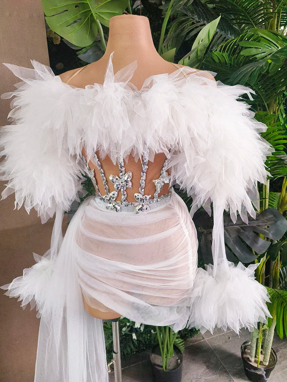 White Purple Women Sexy Mesh Ruffles 2 Pieces Bodycon Mini Dress See Through Celebrate Nightclub Party Bar Singer Stage Wear