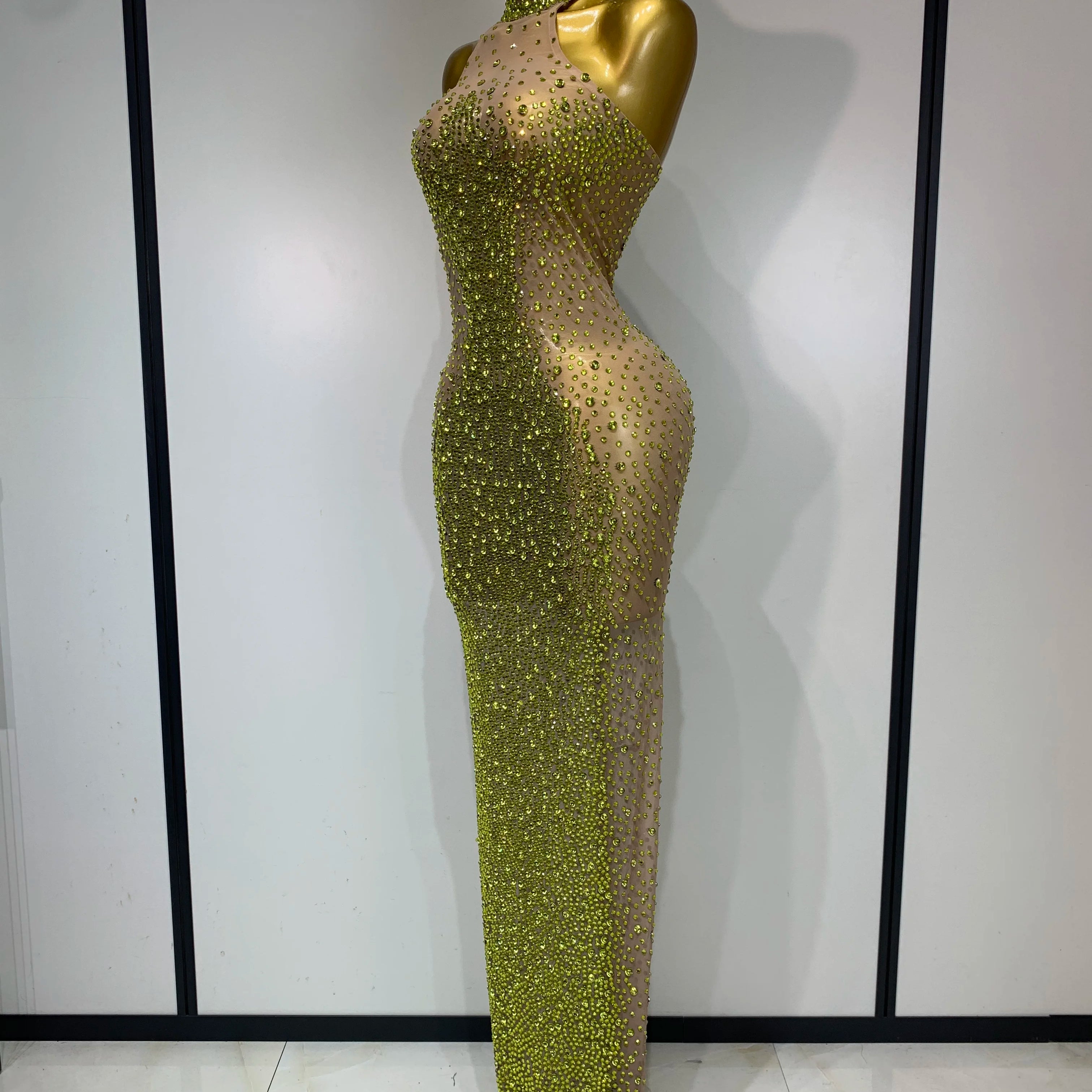 Women Luxury Birthday Celebrate Dress Dancer Party Show Stage Outfit 2025 Sparkly Rhinestone Elastic Mesh See Through Long Dress