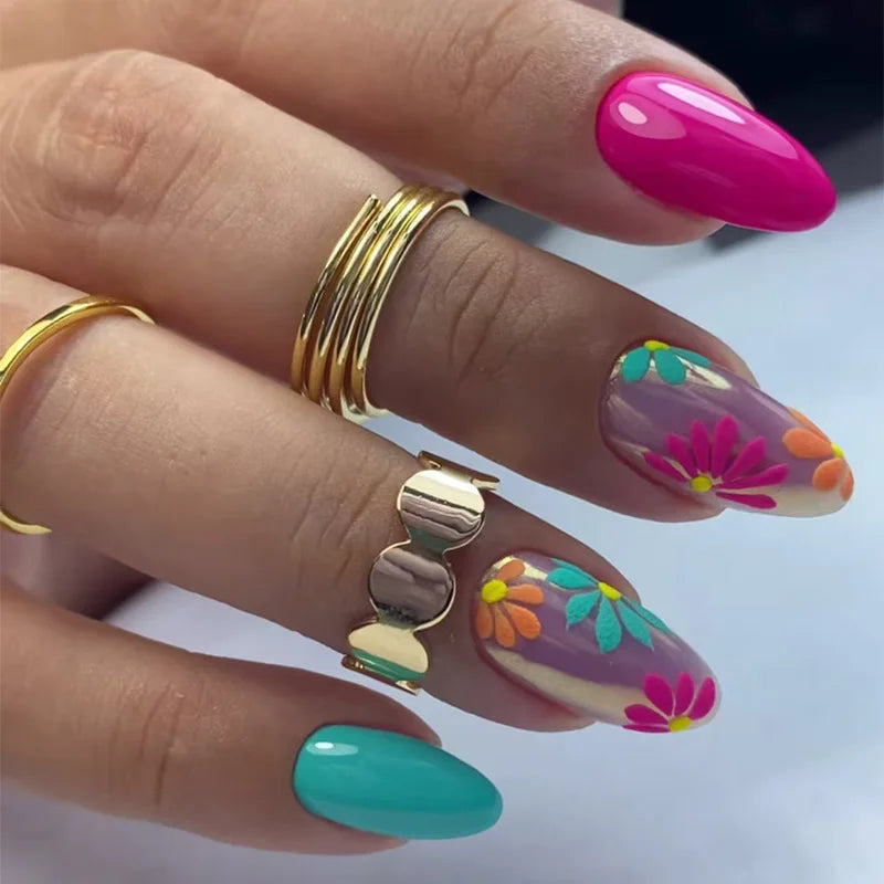 24 unidades/caixa unhas postiças curtas amendoadas com cobertura total, design de flores de jardim, unhas de pressão, arte vestível, manicure colorida para mulheres e meninas