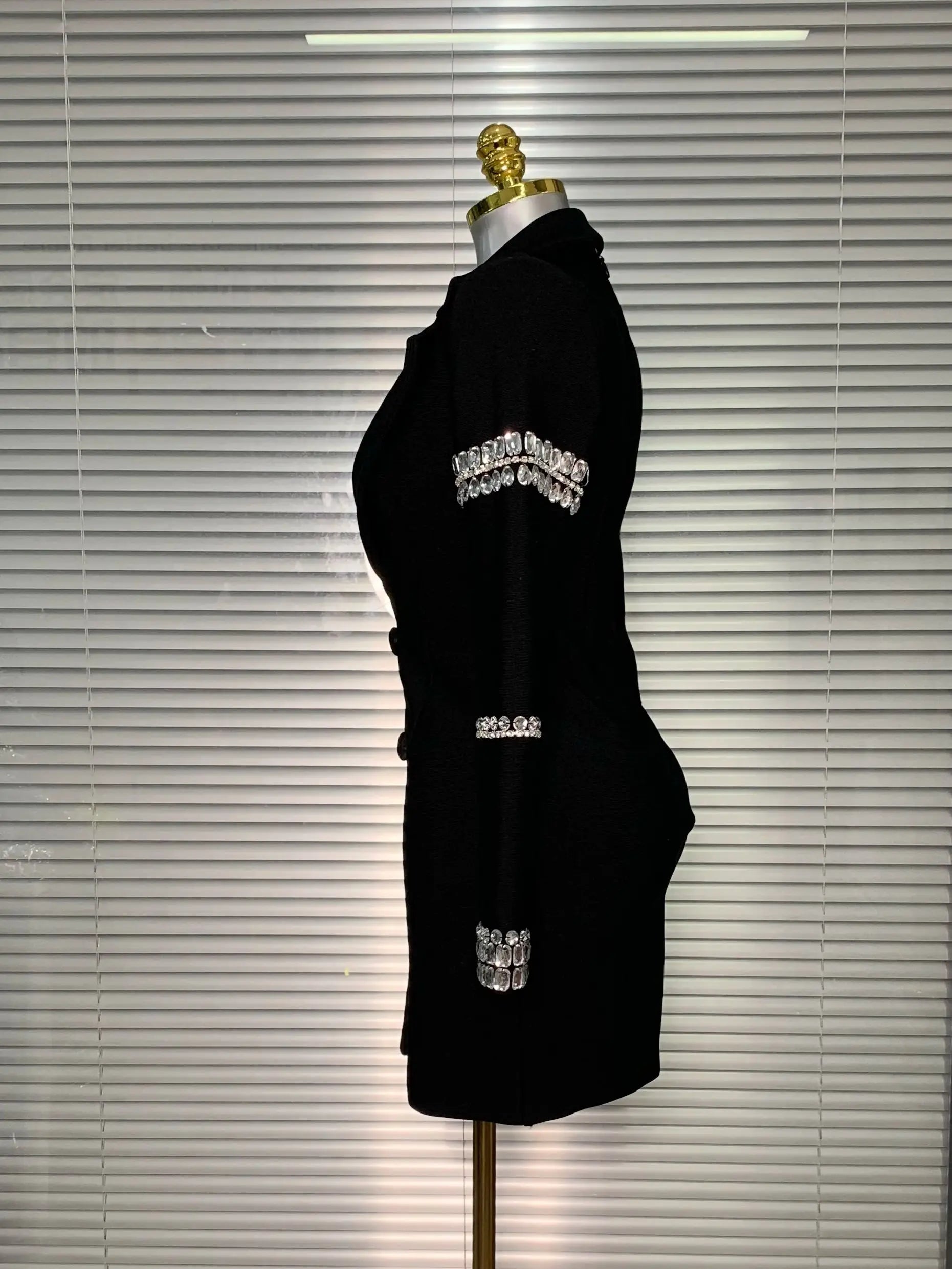 Brand New 2025 Women Sexy Deep V Neck Long Sleeve Beaded Blazer Bandage Dress Elegant Evening High Street Party Dress