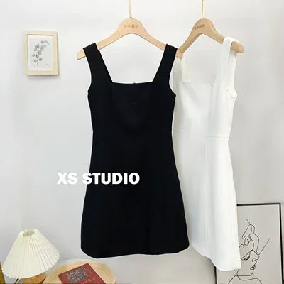 French New Female Sexy Bow Above Knee Suspender Dress Women's Summer Fashion Elegant Sleeveless A- Line High Waist Dress without bow black